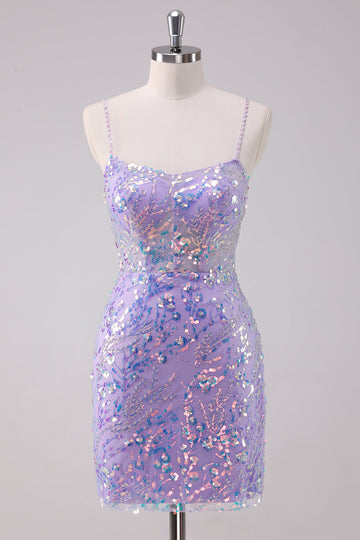 Glitrende Lilla Bodycon Spaghetti Stropper Paljetter Kort Homecoming Kjole